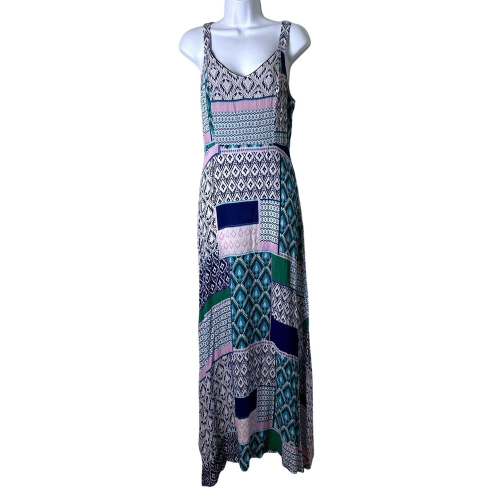 Dina Be Women Patchwork Geometric Boho Cutout Back Maxi Dress Size S Blue Green